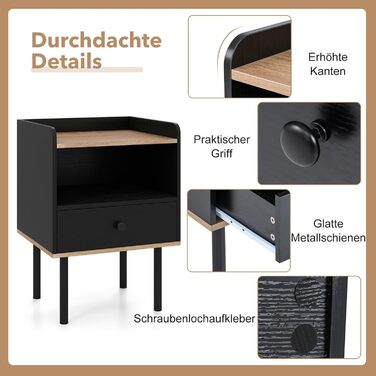 COSTWAY Набір з 2 тумбочок до ліжка, приліжкові столики з шухлядою та відкритою полицею, металеві ніжки, чорний колір, 40,5 x 35 x 56 см