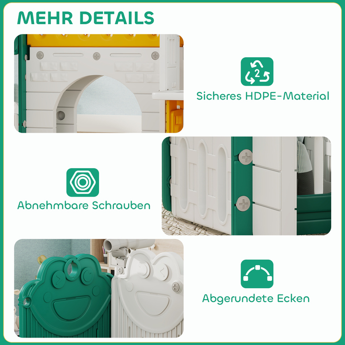 Дитячий ігровий комплекс AIYAPLAY 7-в-1: гірка, ігровий майданчик у приміщенні, лазілка, будиночок, дошка для малювання, баскетбольне кільце. Підходить для дітей 1-4 років, виготовлений з пластику, жовтого та зеленого кольорів.