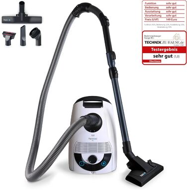 Пилсос Hoogo B3+ з мішком | Пилсос для підлоги | Потужний, з HEPA-фільтром, 850 Вт, радіус дії 11 м, тихий (74 дБ), об'єм пилозбірника 3 л, з набором насадок, білий, з кабелем