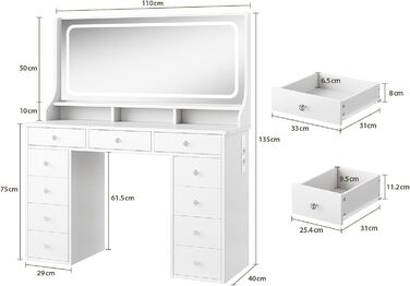 Діплекс туалетний столик з підсвіткою, 110 см, з 11 шухлядами та LED-дзеркалом, білий. Сучасний туалетний столик для спальні та гардеробної