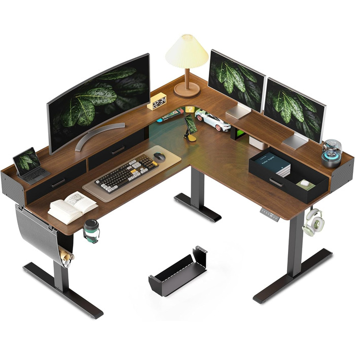 Регульований кутовий стіл L-подібної форми, електричний, 160 x 140 см. З 3 висувними ящиками, для офісу, геймінгу. Чорний горіх.