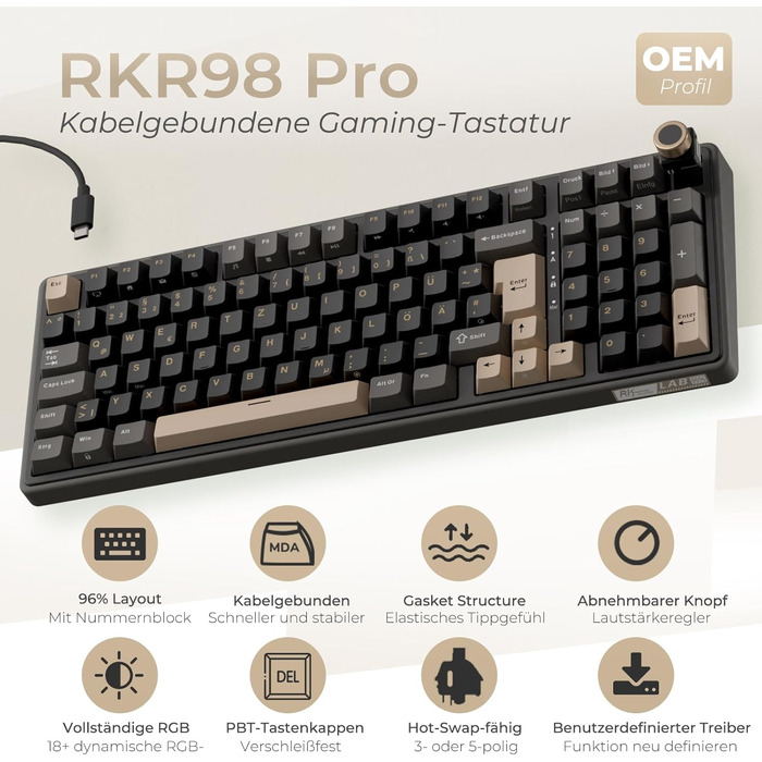 Механічна клавіатура Royal Kludge R98 Pro: 96% layout, RGB, NumPad, PBT, Hot-Swap, Creamy Switches, Grey