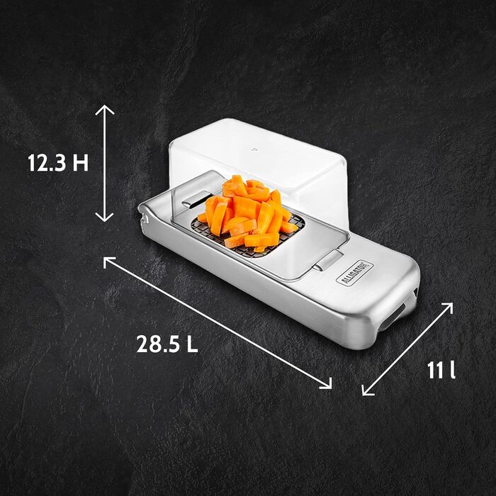 Подрібнювач для овочів ALLIGATOR 3094 з нержавіючої сталі з контейнером - для овочів, цибулі та картоплі фрі - 3 змінні леза (3x3 мм, 6x6 мм, 12x12 мм) - Без BPA