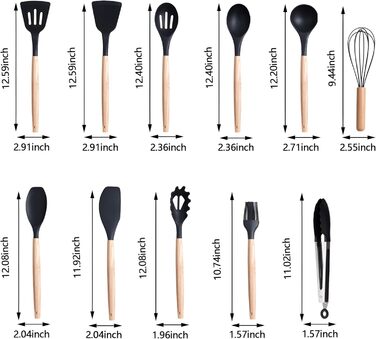 Набір кухонних ножів 19 в 1 з блоком, аксесуари для кухні та набір кухонних ножів, включає 11 шт. силіконових кухонних аксесуарів, 5 шт. гострих ножів з нержавіючої сталі, ножиці та дошку для нарізання (чорний)