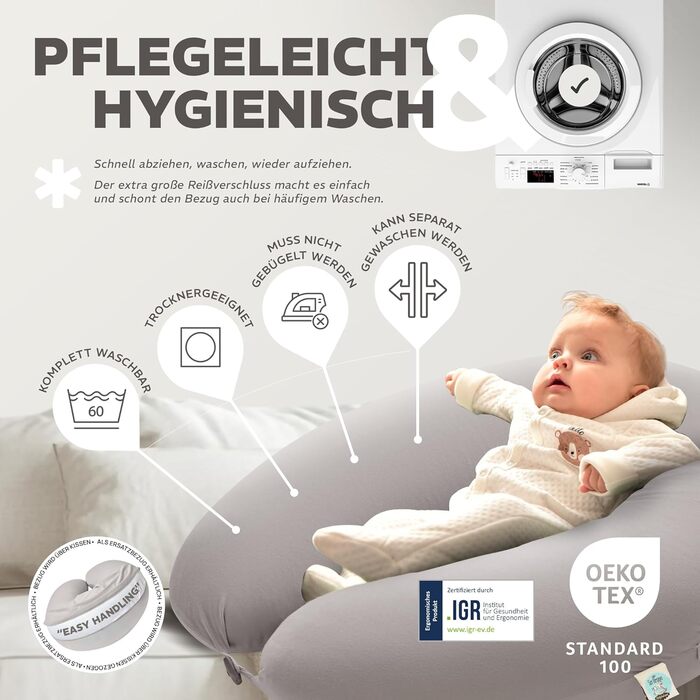 Подушка для годування та вагітності sei Design XXL (190x35 см), ергономічна подушка для сну з чохлом з органічної бавовни муслін, сріблясто-сіра