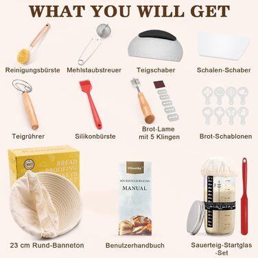 Набір для закваски Sauerteig Starter Set: 11 предметів, круглий гніт для хліба 23 см, повний набір аксесуарів для випікання хліба, подарунковий набір для початківців та досвідчених пекарів