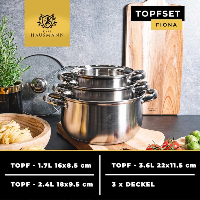 Набір каструль Karl Hausmann з нержавіючої сталі (індукційні) 3 шт. - для всіх типів плит - з кришкою з термостійкого скла - з мірною шкалою