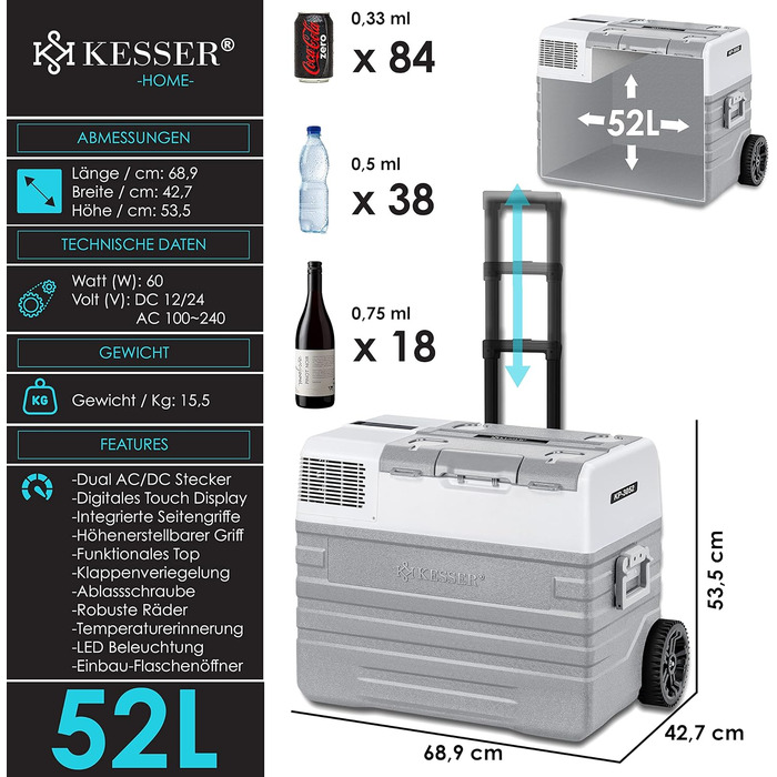 KESSER® Холодильник-морозильник компресорний 52 л з APP-керуванням, USB, 12/24/230V, телескопічна стійка, 2 колеса, охолодження до -20°C для авто, вантажівки, човна