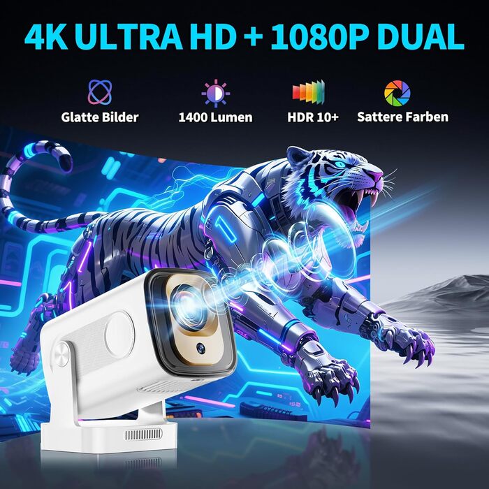 Портативний проєктор Mini Beamer 4K Full HD 1080P з Wi-Fi 6 та Bluetooth 5.2 (270° оберт, автоматична корекція трапеції, HDMI, USB, для ноутбука, білий) NT10-White