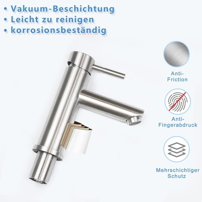 Змішувач для ванної кімнати з нержавіючої сталі з одним левом, для умивальника, під високий тиск, з гарячою та холодною водою