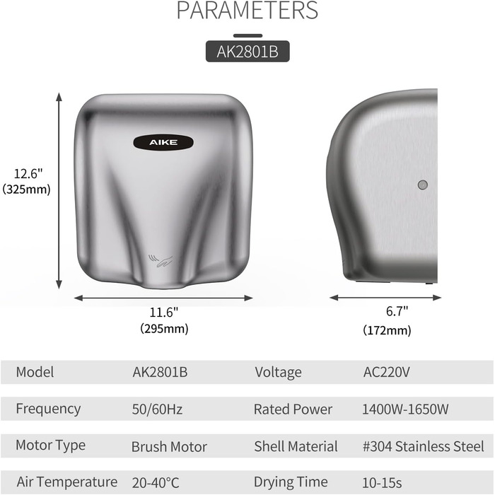 AIKE AK2801B Преміум сушарка для рук - електрична, з датчиком, HEPA-фільтр, нержавіюча сталь, 10-15 сек сушіння