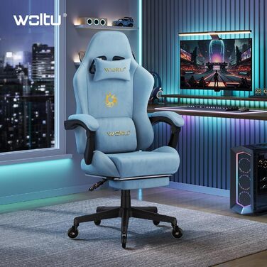Ігровий крісло WOLTU з регульованою спинкою, обертовий офісний крісло з підлокітниками, підставкою для ніг, поперековою підтримкою, підголівником, блакитний