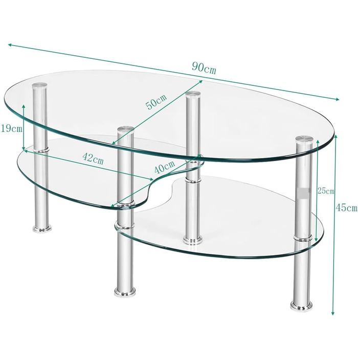 Журнальний столик LIFEZEAL скляний, скляний стіл 3 яруси, овальний стіл для вітальні з металевим каркасом, журнальний столик журнальний столик для вітальні та офісу, сучасний дизайн 90x50x45см (прозорий)