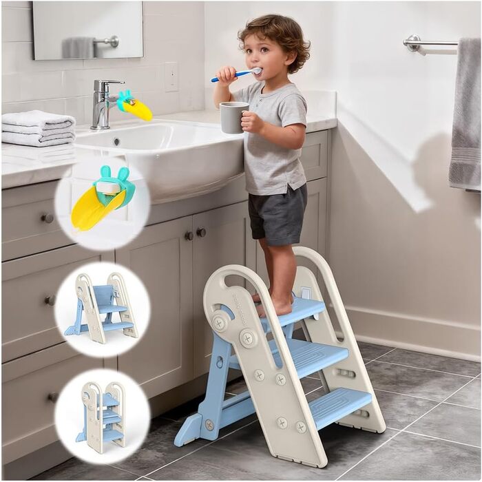 Дитячий підсвічник Onasti Tritthocker: регульована висота, 3 сходинки, з ручками, складний, антиковзний, для кухні, ванної, туалету (сірий, сіро-білий, блакитний)