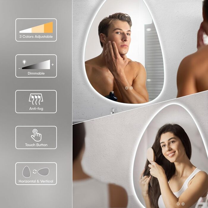 Дзеркало для ванної кімнати Dripex LED з підсвічуванням, сенсорне керування, регулювання яскравості, 3 кольори світла, без запотівання, 85x52 см