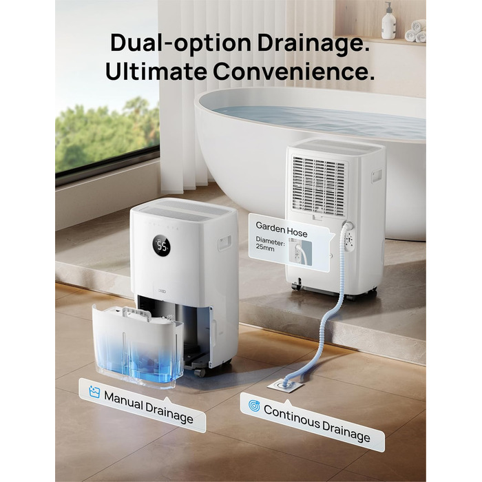 Dreo Розумний осушувач повітря /24h, для приміщень 37 м² – енергоефективний та тихий – керування через App & Alexa – 3 режими, таймер, регульована вологість, з відводом води, для спальні та ванної кімнати, білий (52L)