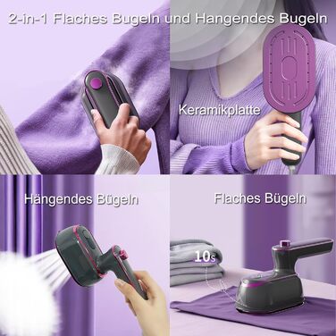 Паровий праска Mini, 1200 Вт, складана, портативна, для подорожей, керамічна підошва, швидкий нагрів 20 сек, білий/фіолетовий