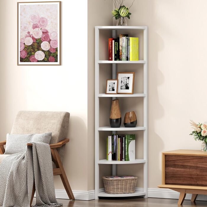 Стеллаж кутовий SoGESFurniture з 6 полицями, стелаж-лесенка, полиця для зберігання, полиця для квітів у вітальню, спальню, офіс, індустріальний дизайн, 34x34x165 см (Білий)