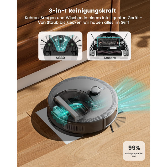 Робот-пилосос LEFANT M330 з функцією миття, 5000Pa, лазерна навігація, PSD-технологія, APP, 160 хв, для тварин, килимів, твердих підлог, сірий