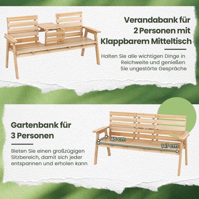 Лавка для саду COSTWAY з журнальним столиком, дерев'яна лавка на 2-3 особи, міцна лавка для тераси, балкону та саду, до 320 кг, 160 x 64 x 86 см, колір: натуральний