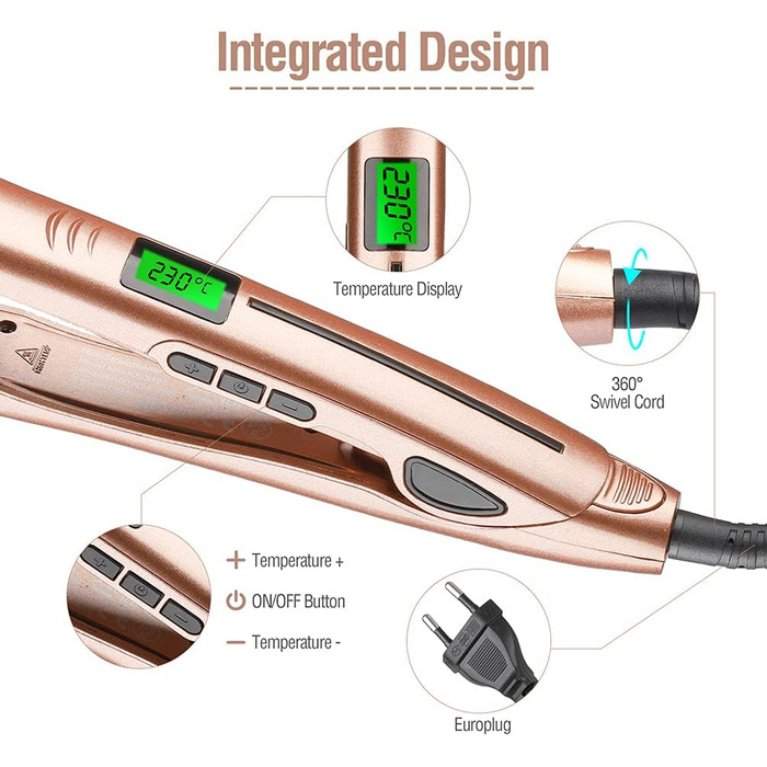 В 1 Випрямляч для волосся та плойка з РК-дисплеєм температури, випрямлячем локонів і обертовою регульованою температурою (140-230 C), подвійним натягом (золото), 2