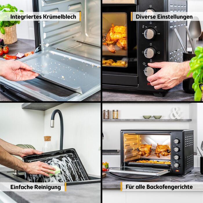 Міні-піч TZS First Austria 60L 2000W з регулюванням температури до 230°C, 6 режимів, таймер на 60 хв, 4 рівні встановлення, дека, решітка-гриль та вертулка