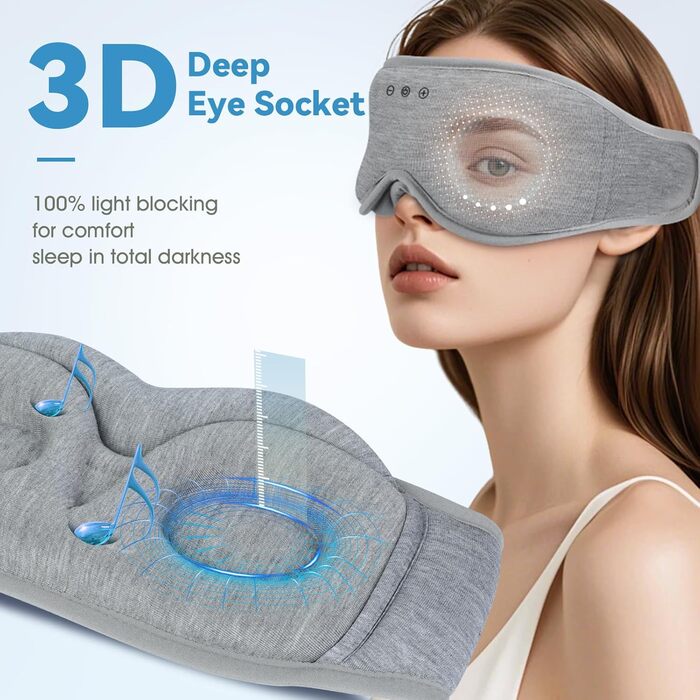 Маска для сну MUSICOZY з навушниками | 3D маска для сну з Bluetooth 5.4, м'яка бамбукова тканина, для подорожей та відпочинку (Гайда-сірий)