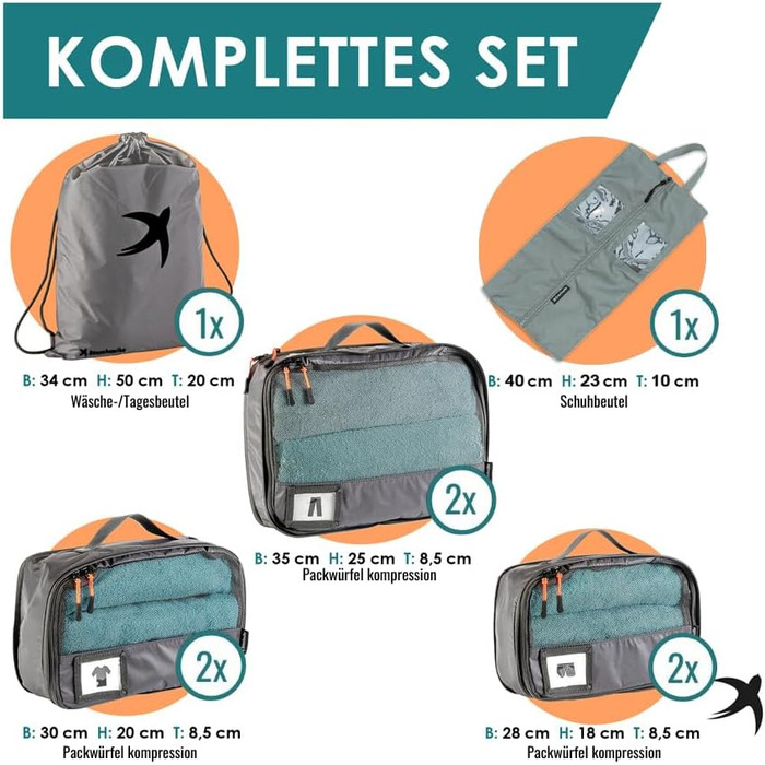 Набір компресійних органайзерів для одягу в подорожі Packing Cubes, 8 предметів, сірі — легкі сумки-вкладки для рюкзака та валізи