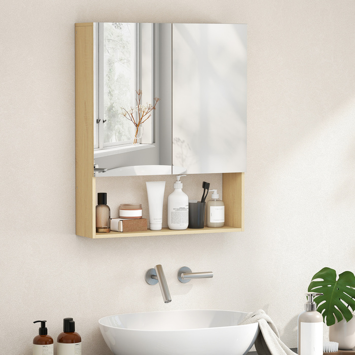 Шафа для ванної кімнати з дзеркальними дверцятами, відкрита полиця, монтаж на стіну, виготовлена з МДФ та ДСП, колір 