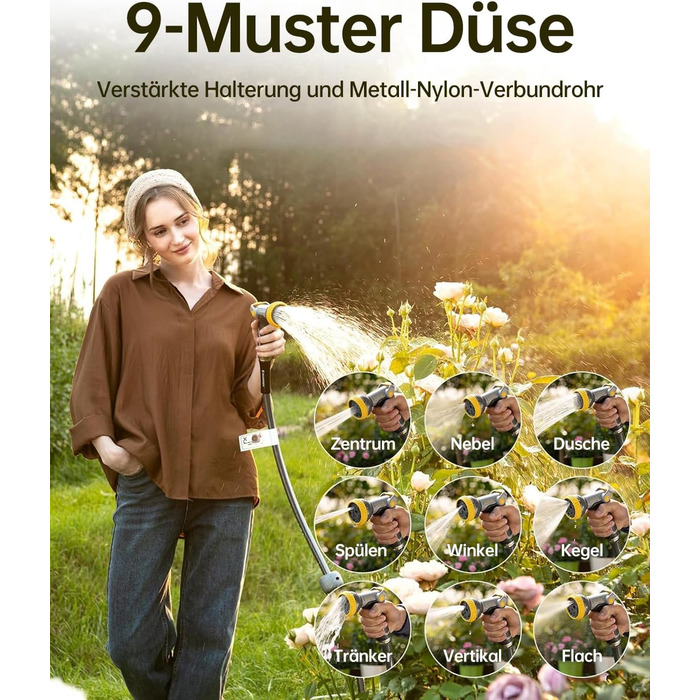 Шланговий барабан GLAHODEN з садовим шлангом 40 м + 2 м, стійкий до сонця та морозу, поворотний на 180°, настінна шланговий бокс з 9-функціональною розпилювальною насадкою