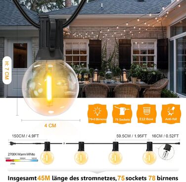 LED гірлянда Achin 45 метрів, тепле біле світло 2700K, 75 лампочок G40, для зовнішнього використання, диммування, сад, тераса, вечірка