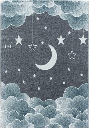 Дитячий килим HomebyHome з коротким ворсом у вигляді зоряного неба, Місяця, хмар, м'який дизайн дитячої кімнати, Колір рожевий, Розмір (120x170 см, синій)