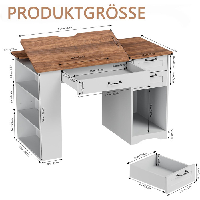 Регульований стіл для малювання AeasyG з 3 ящиками та 3-рівневими полицями, стійка конструкція з МДФ (50 кг вантажопідйомність) для художників та домашнього офісу, кут нахилу 0-80°, 60x120x76 см, білий