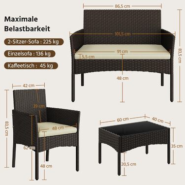 Набір садових меблів Yaheetech на 4 особи: диван, 2 крісла, стіл, подушки. Набір меблів для балкона, тераси, саду. Чорний та сірий (коричневий та бежевий).