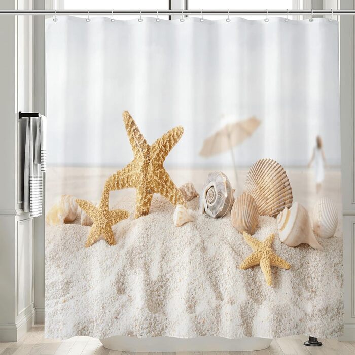 Домашня шторка для душу Пляж з білим піском з черепашками Морські зірки Розслаблене пляжне життя під сонячним небом Розслабтеся Високоякісна текстильна штора зі 100 водонепроникного поліестеру Розмір 180x200см Пляж і мушлі