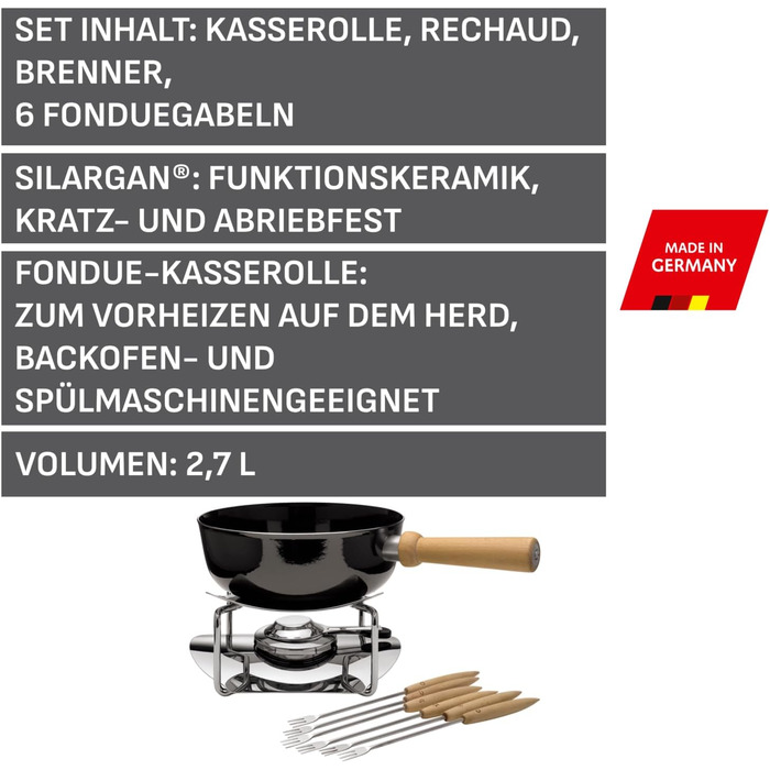 Набір для фондю Silit Käsefondue 9 предметів на 6 осіб, кераміка Silargan, для індукційних плит, посудомийна машина, фондюшниця, решо, пальник, виделки