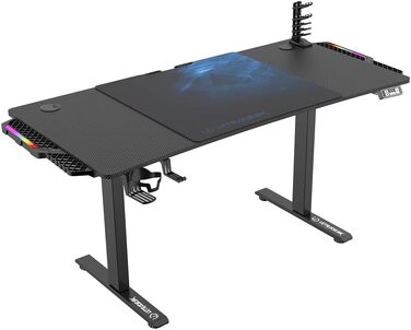 ULTRADESK Стіл для роботи Level V2 - Регульована висота, 140x68 см, з підсвіткою, для геймінгу, офісу, дому - з XL-килимком для миші (Синій)
