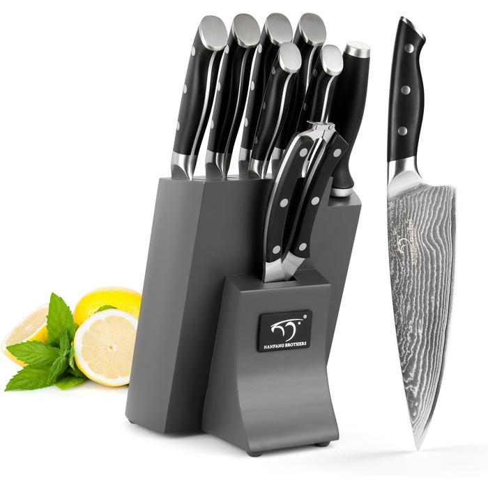 Набір кухонних ножів NANFANG BROTHERS 9 предметів з дамаської сталі, кухонний набір ножів для професійних кухарів, з ергономічною ручкою (сірий)