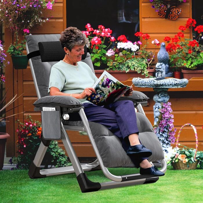 Лежак для відпочинку MOPHOTO Zero Gravity - розкладний, 200 кг, з подушкою та кишенею, для саду, балкону, тераси (сірий)