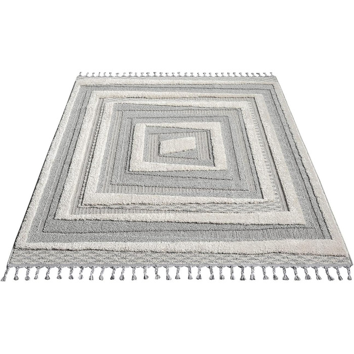 Килим City Boho Rug Cream 80x150 см - Орнаменти, Бордюр, 3D Ефект - Сучасні Бахроми (Сірий, 140x200 см)