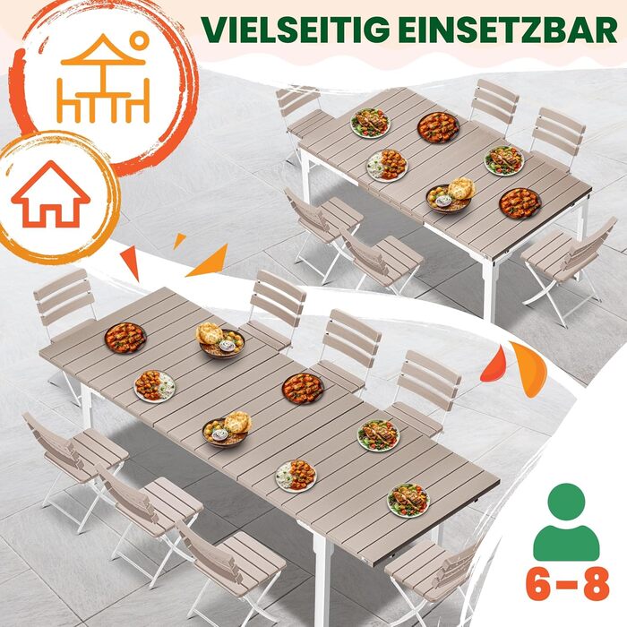 Розсувний садовий стіл KESSER® 180/240x90 см для 8 осіб, з металевим каркасом та стільницею HDPE, стійкий до погодних умов та UV-випромінювання, в комплекті 6 підставок під горнятка
