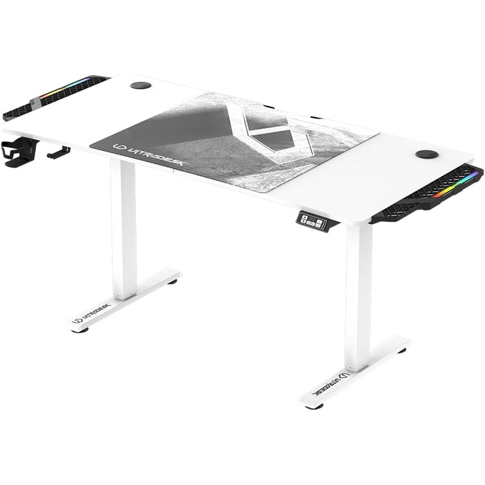 ULTRADESK Стол для роботи та геймінгу з регулюванням висоти - електричний, 140x68 см, з підсвічуванням RGB, XL-килимок для миші, білий