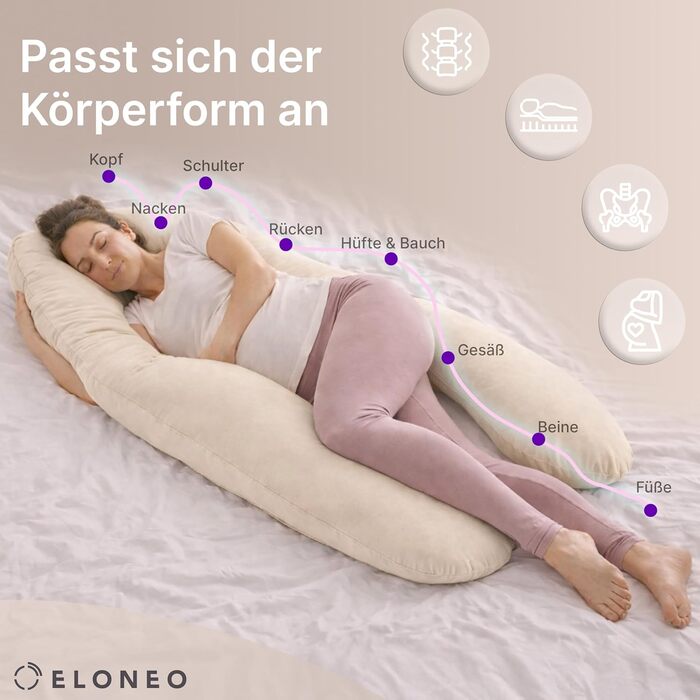 Подушка для вагітних ELONEO NEU для сну на боці, подушка для годування, XXL розмір, кремова, знімний чохол, подушка для читання, пральна