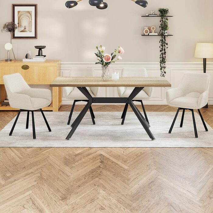 Набір обідніх стільців 4 шт. з поворотним механізмом 360°, стільці з підлокітниками на металевих ніжках, підходять для обідньої кімнати, м'які стільці з велюру, бежевого кольору