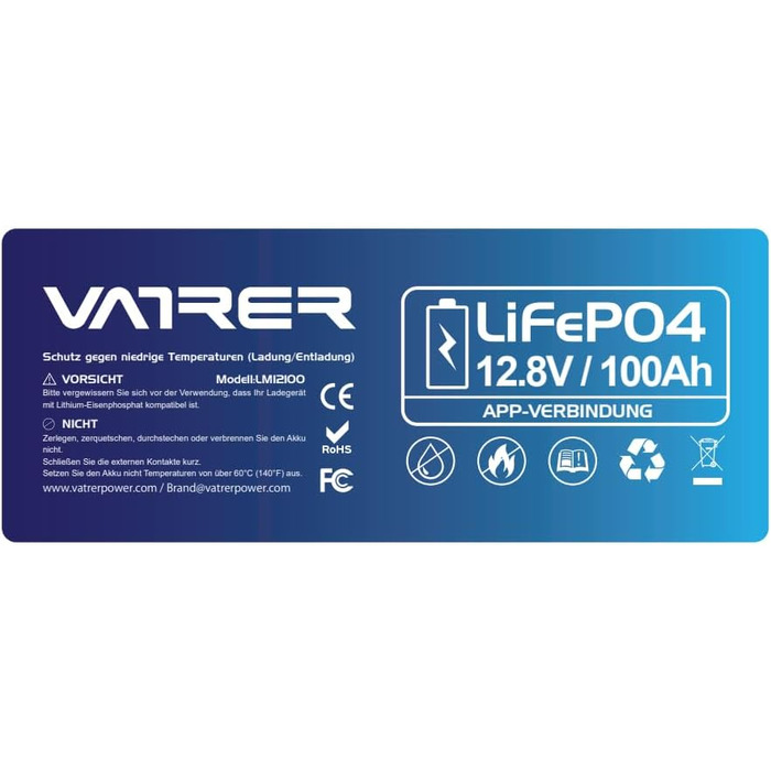 Літієва батарея VATRER POWER 12V 100AH LiFePO4 з Bluetooth, 100A BMS, 5000 циклів, 1280 Вт, захист від низької температури