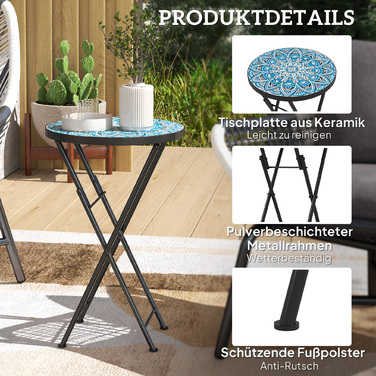 Outsunny Side Table Складаний садовий стіл з мозаїчним дизайном, Ø35,5 x 55 см Круглий стійкий до погодних умов металевий балконний стіл, Кемпінговий стіл Розкладний стіл Журнальний столик для вітальні, офіс, Відкритий Внутрішній, Синій, Синій