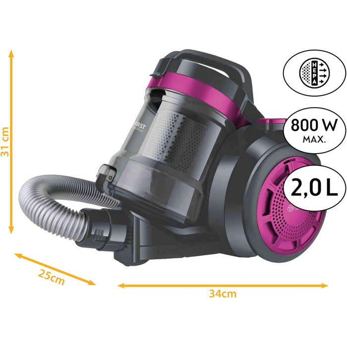 Перший австрійський пилосос без мішка Фільтр HEPA потужністю 800 Вт для алергіків Довжина кабелю 4,8 м для твердих підлог і килимів 2 л (Фіолетовий/сірий)