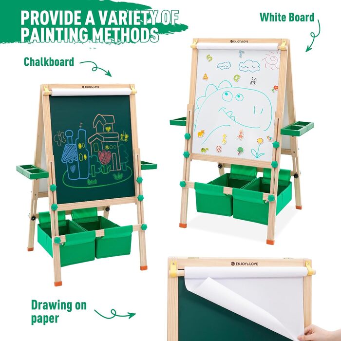 Дитяча мольберт-трансформер з паперовим рулоном, дошками для малювання та аксесуарами. Регульована висота 90-110 см. Дошка з покриттям для сухого стирання.