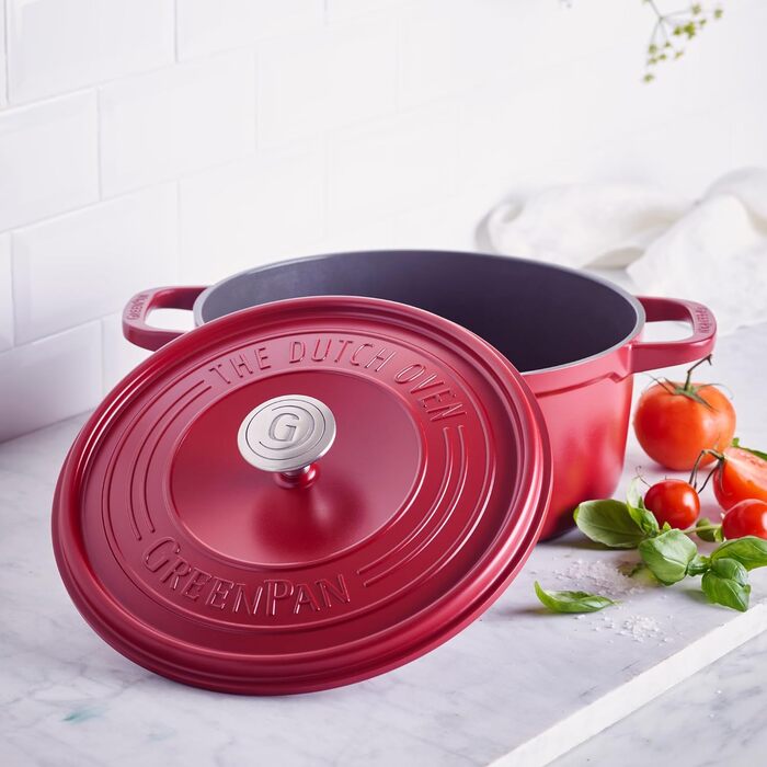GreenPan Featherweights - Сковорода з кришкою, 22 см, 3 л, керамічне антипригарне покриття, чавун, індукція, сумісна з духовкою, червона