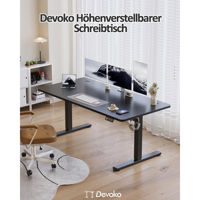 Електричний регульований стіл Devoko 120x60 см, стабільний офісний стіл, стіл для стояння та сидіння, комп'ютерний стіл з функцією пам'яті (чорний)